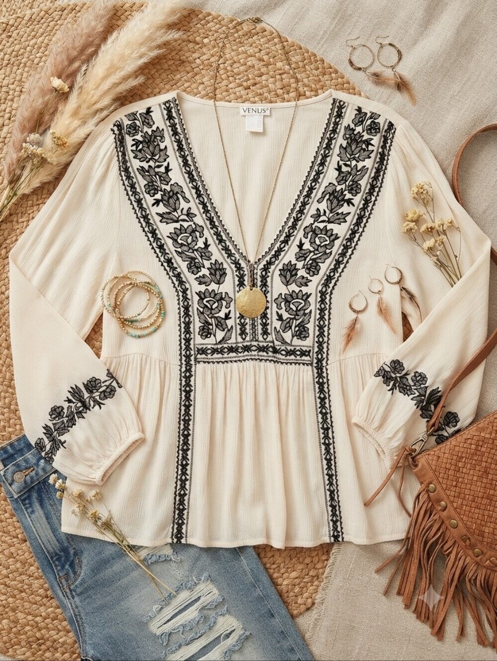 Venus Off White Black Embroidery V-neck Peasant Boho Blouse Top